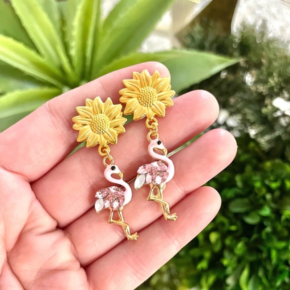 Floral Flamingo Dangle Earrings - Picture 6 of 8